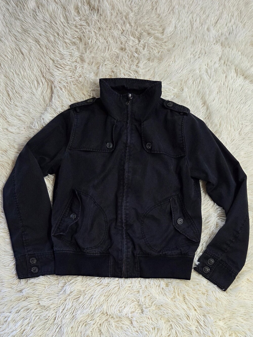LOGG H&M Black Cotton Military Canvas Utility Bomber Jacket Coat Size 12 US